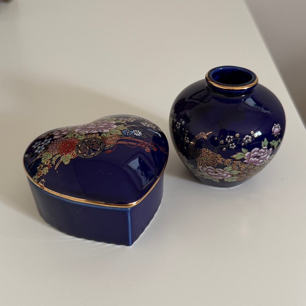 Vintage Japanese Cobalt Blue Heart Shaped Trinket Box and mini vase
